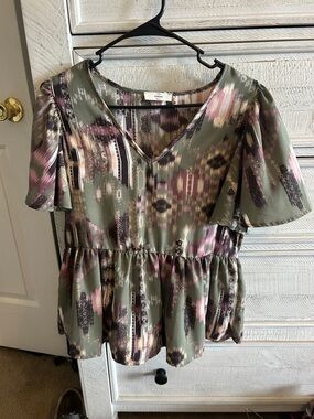 entro Olive Ikat Print V-Neck Peplum Blouse with Pink Accents